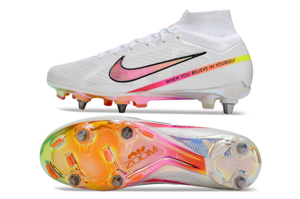 Nike Air Zoom Mercurial Superfly IX Elite SG Blanco / Rosado caña alta con tacos móviles para la Copa del Mundo