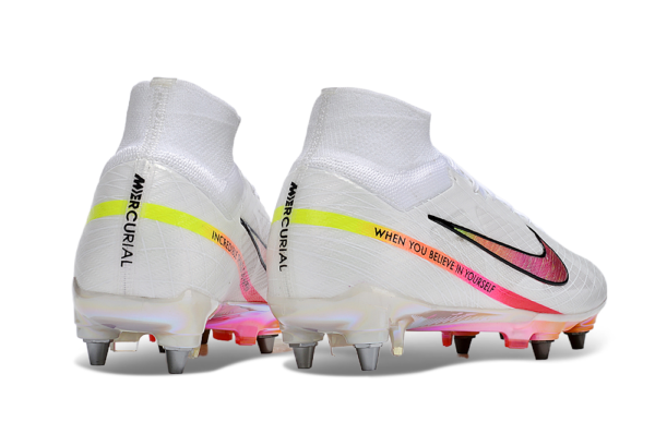 Nike Air Zoom Mercurial Superfly IX Elite SG Blanco / Rosado caña alta con tacos móviles para la Copa del Mundo